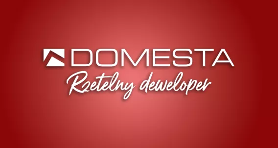 Białe logo Domesta z małym geometrycznym symbolem po lewej stronie i napisem "Rzetelny Deweloper" poniżej, umieszczone na efektownym czerwonym tle gradientowym. Idealny do zaprezentowania Domesta jako zaufanego polskiego dewelopera.