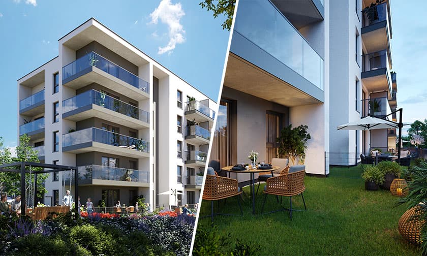 Podzielony obraz przedstawiający nowoczesny budynek mieszkalny ze szklanymi balkonami po lewej stronie, a po prawej zbliżenie umeblowanego patio na parterze z trawnikiem, miejscami do siedzenia na zewnątrz i parasolem pod błękitnym niebem. Idealne mieszkanie NaSwoim2 na sprzedaż.