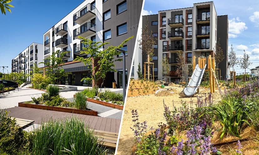 Dwa nowoczesne apartamentowce z balkonami. Po lewej stronie znajdują się ogrody krajobrazowe i chodniki, a po prawej piaszczysty plac zabaw ze zjeżdżalnią - wszystko to na odbiór 2026 roku, co pozwala zaplanować nowy dom pod błękitnym niebem.